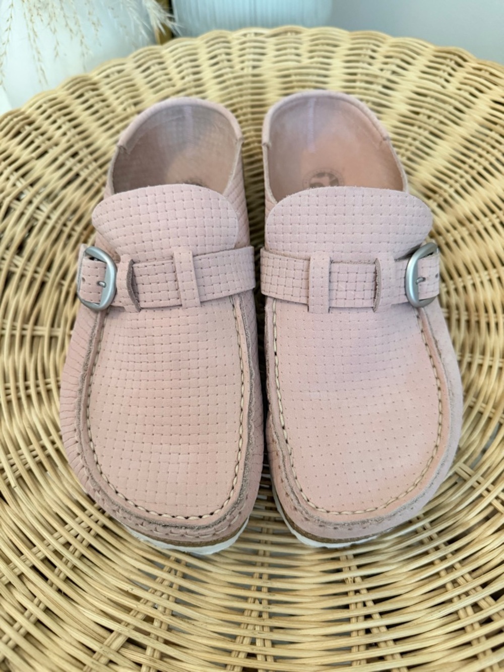 Birkenstock Pink Perforated Buckley Mules